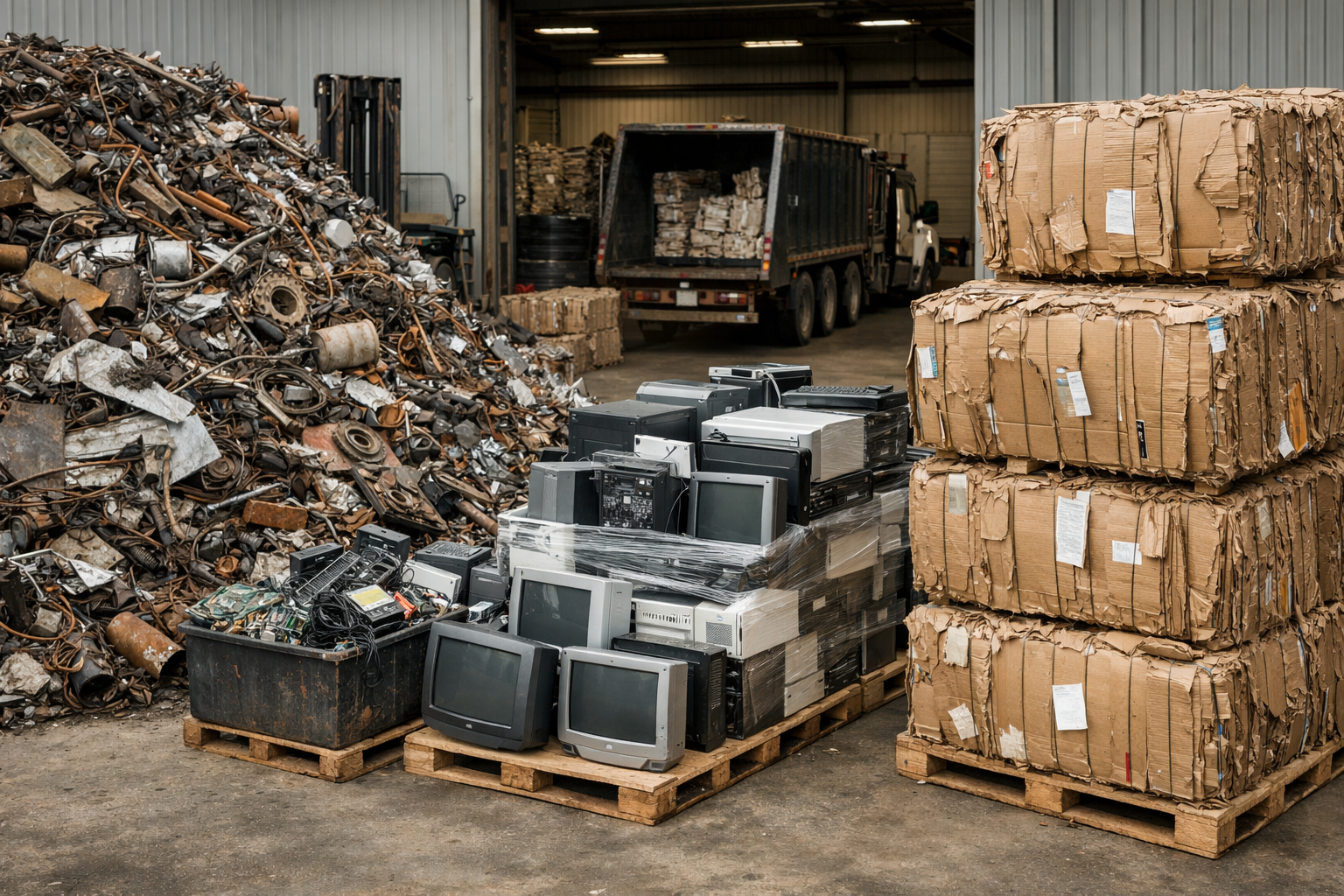 Mixed metal scrap, electronic waste, and cardboard bales ready for consolidated recycling services