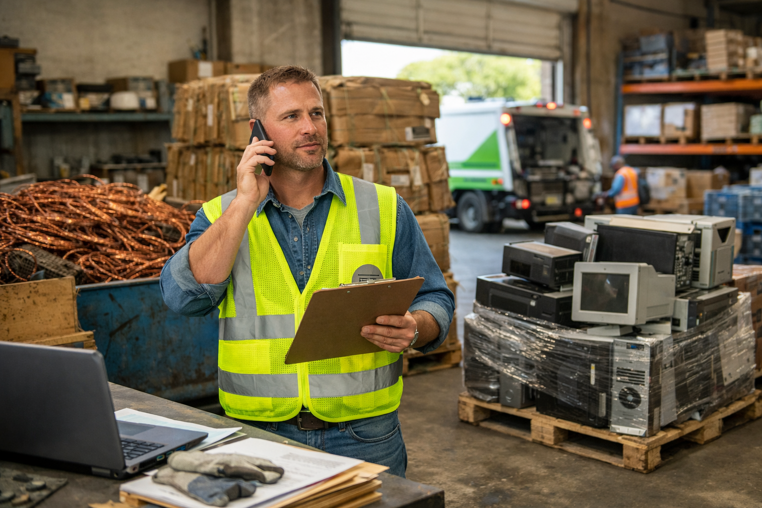 Warehouse worker coordinatingconsolidated recycling services sacramento services for metal, e-waste, and cardboard materials