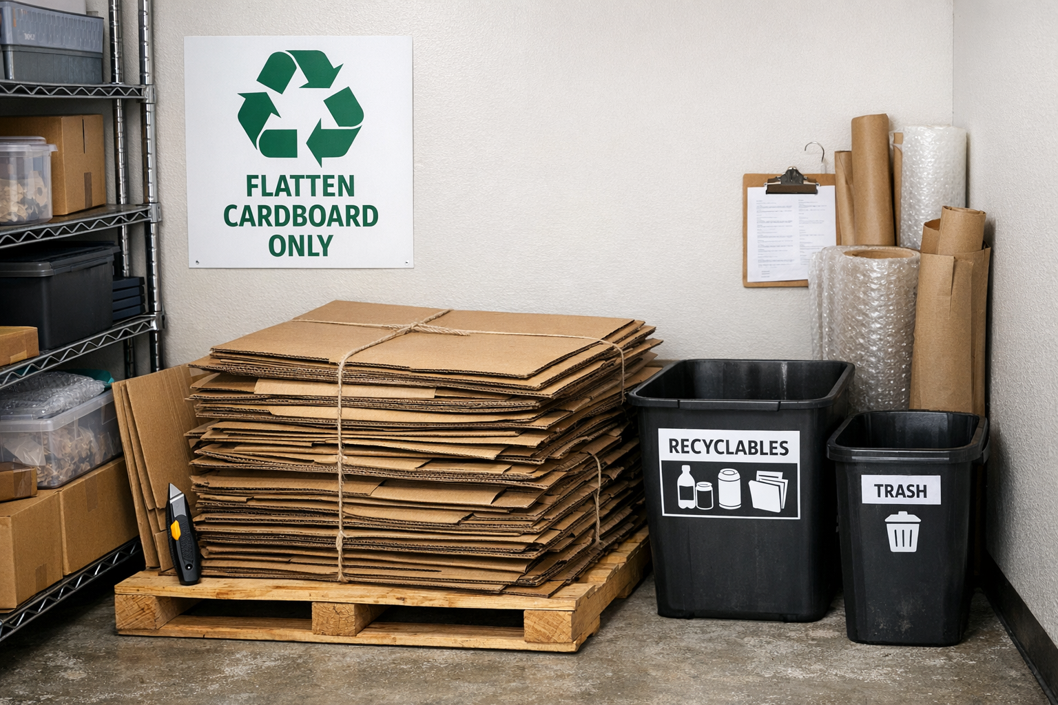 Small business recycling cardboard boxes flattened and stacked efficiently in corner storage area