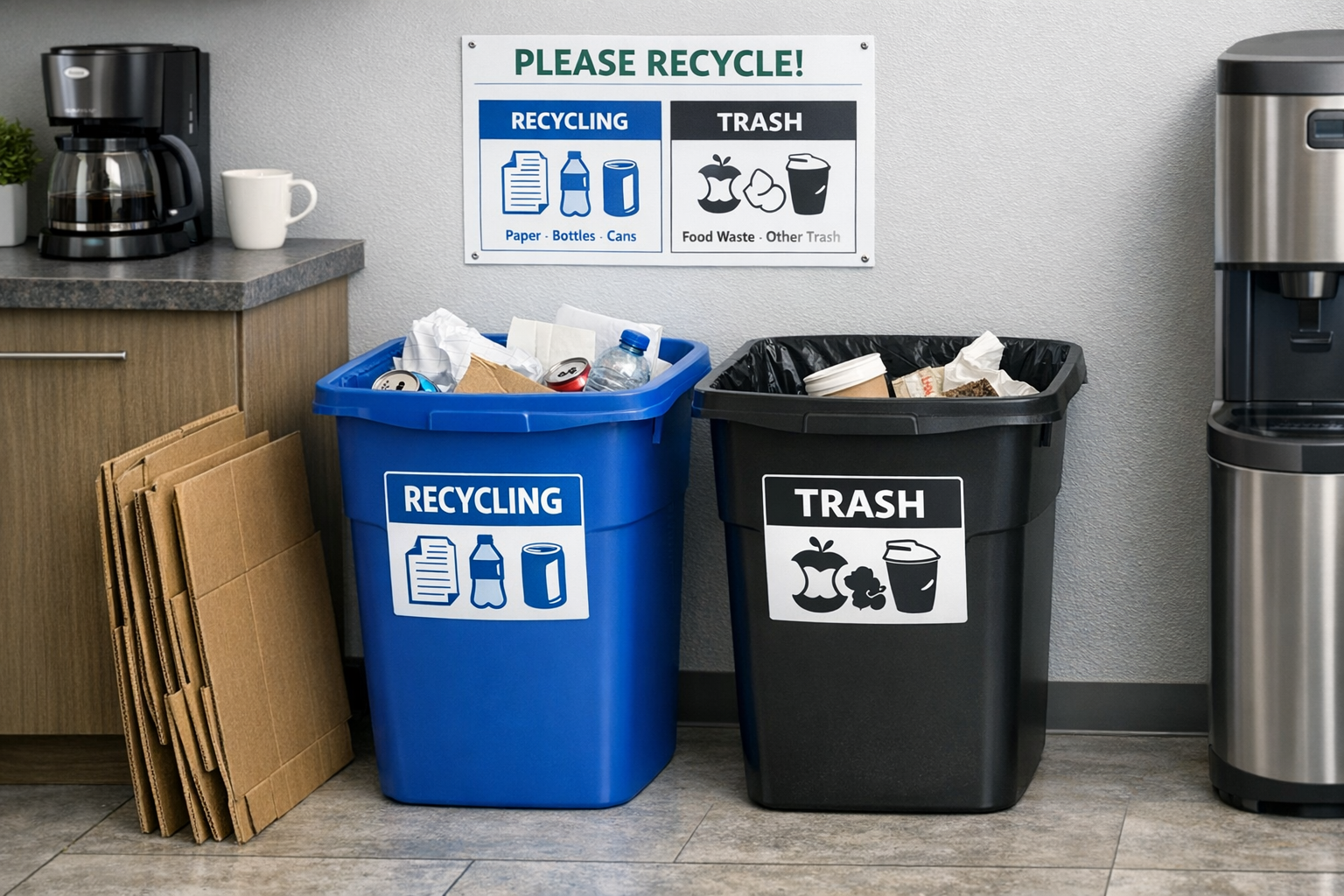 Small business recycling program showing labeled recycling and trash bins in office break room