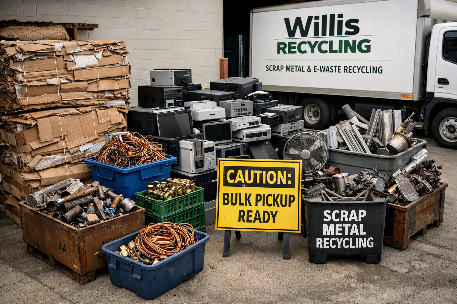 Small business recycling scrap metal and old electronics accumulated for bulk pickup service
