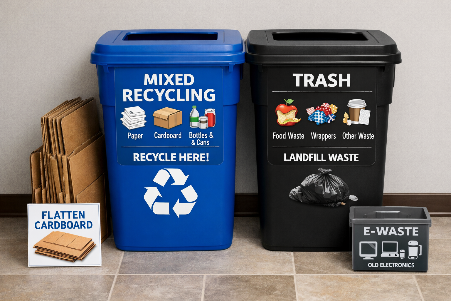 Small business recycling bins with clear visual signage showing accepted materials