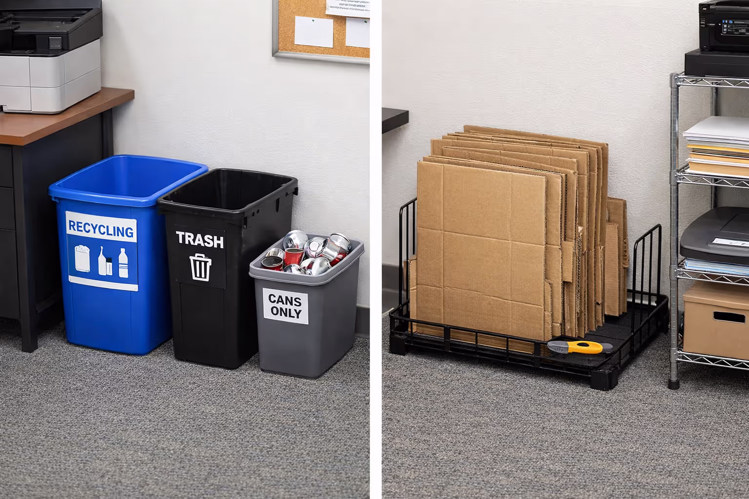 Small business recycling bins and flattened cardboard showing space-efficient recycling setup for limited office areas