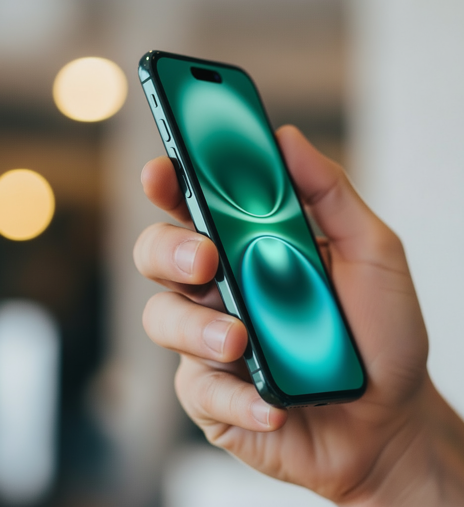 iPhone 16 สีเขียวในมือ, แสดงหน้าจอ Dynamic Island และดีไซน์ใหม่ล่าสุด