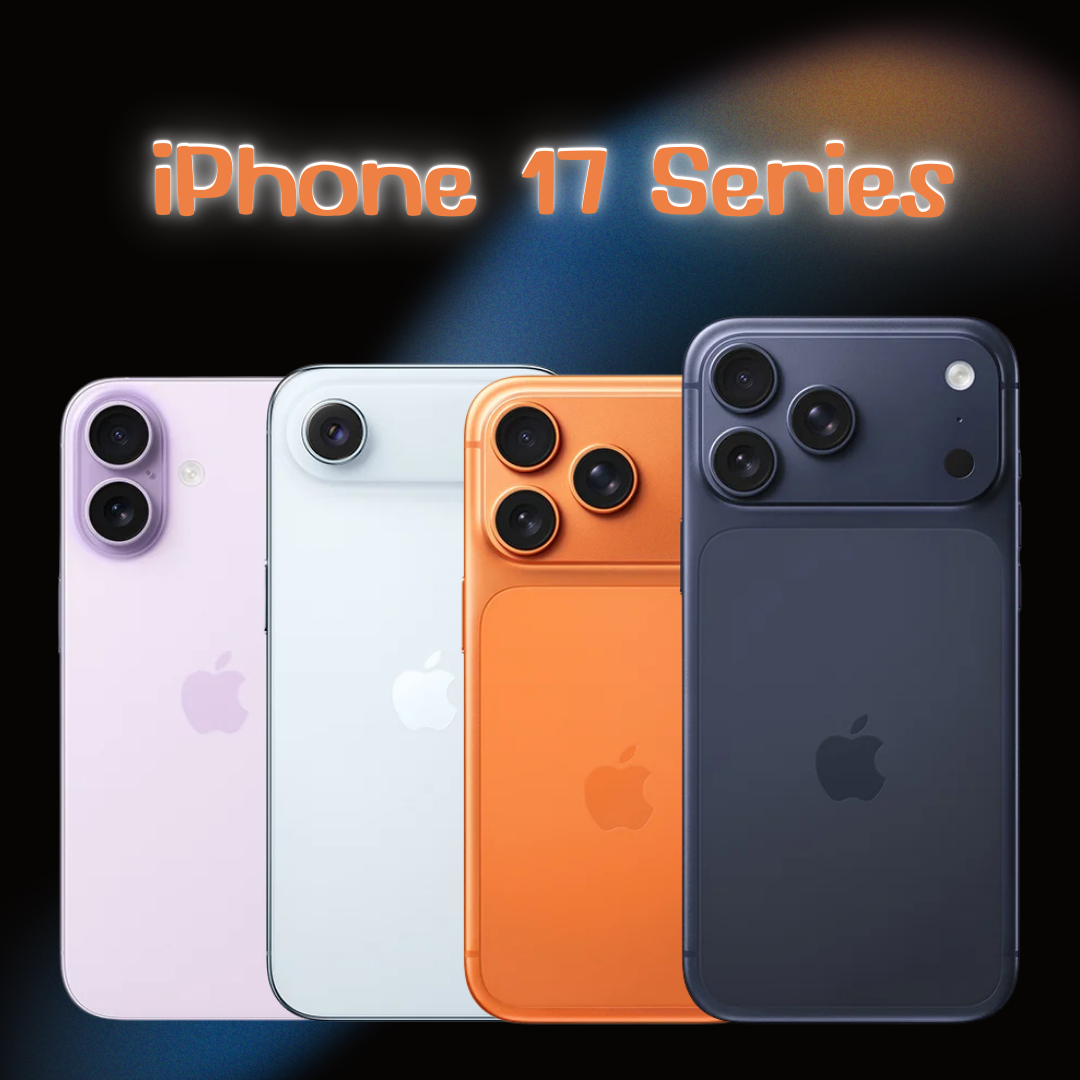 ภาพเปรียบเทียบ iPhone 17, iPhone 17 Pro, iPhone 17 Pro Max และ iPhone Air พร้อมแสดงดีไซน์และขนาดที่แตกต่างกัน