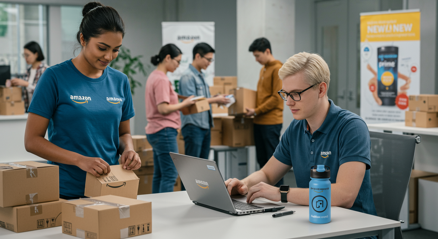Amazon PPC Profit Optimization: Gaining Profit per Click Two people working on Amazon PPC profit optimization—one packing products for shipment while the other uses a laptop to promote listings and gain profit per click.