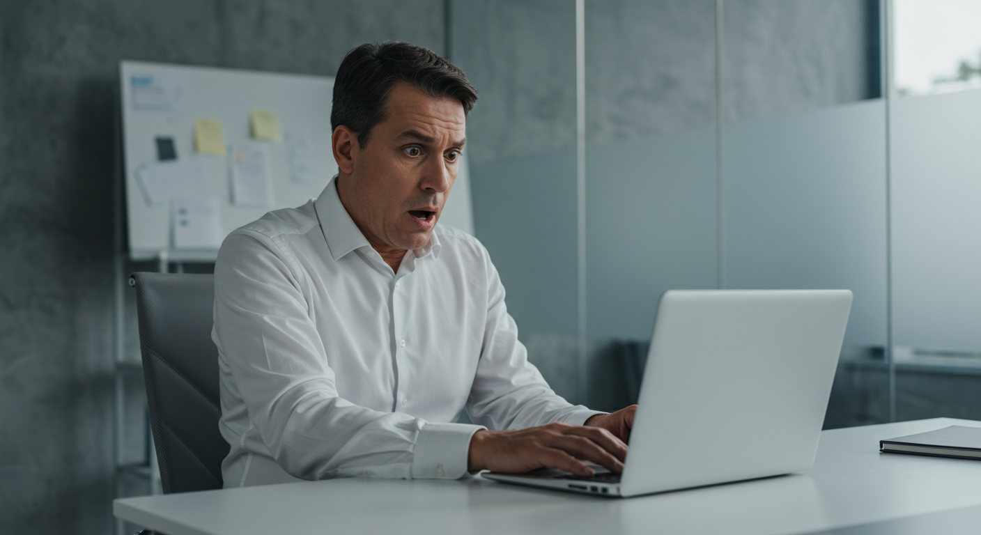 A businessman looks shocked while looking at his laptop when he realizes he made Amazon PPC mistakes.