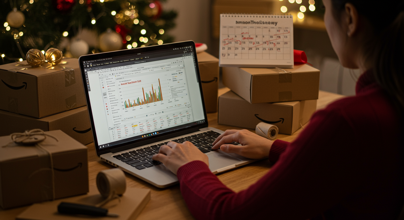 Q4 Amazon PPC Strategy Results Review Seller reviewing her Amazon sales online to see the results of her Q4 Amazon PPC Strategy during the holiday season.