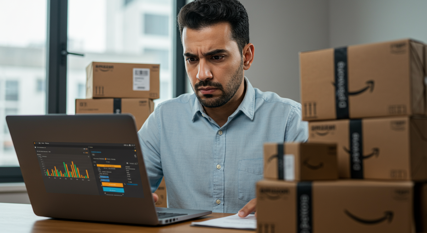 An Amazon seller looks confused while reviewing profit and expense reports, realizing the need to hire an experienced Amazon PPC agency to manage ads effectively.