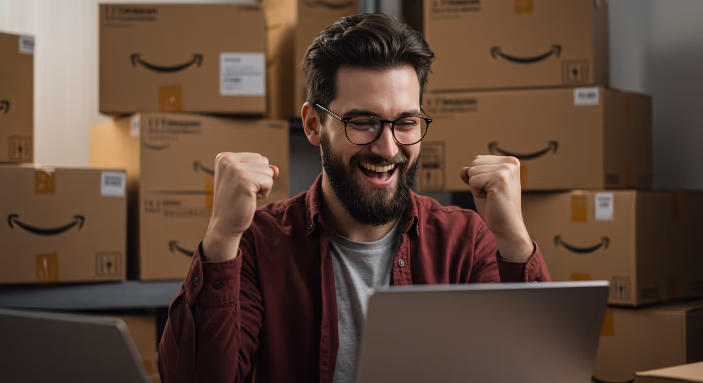 A happy Amazon seller enjoying less stress and more sales after partnering with professional Amazon PPC management services.