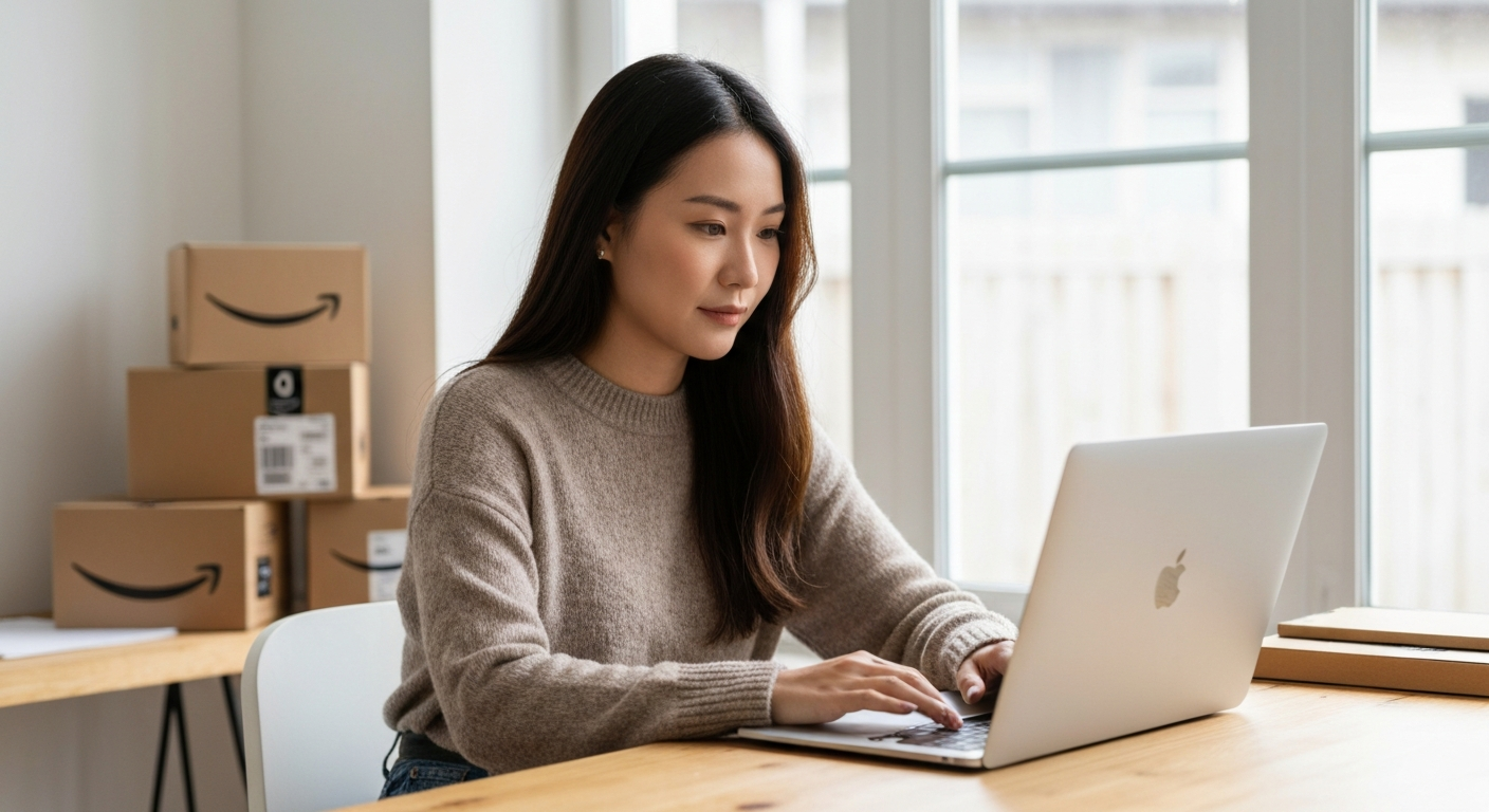 Amazon PPC Audit – Woman Working With Amazon Inventory Businesswoman working on a laptop with Amazon boxes in the background while reviewing an Amazon PPC Audit report.