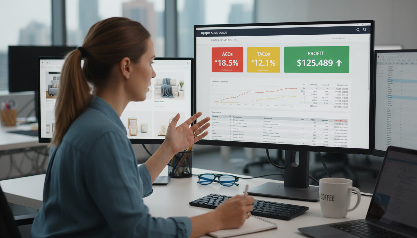 Amazon PPC manager reviewing campaign dashboard showing ACoS, TACoS, and profit metrics for FBA brand optimization