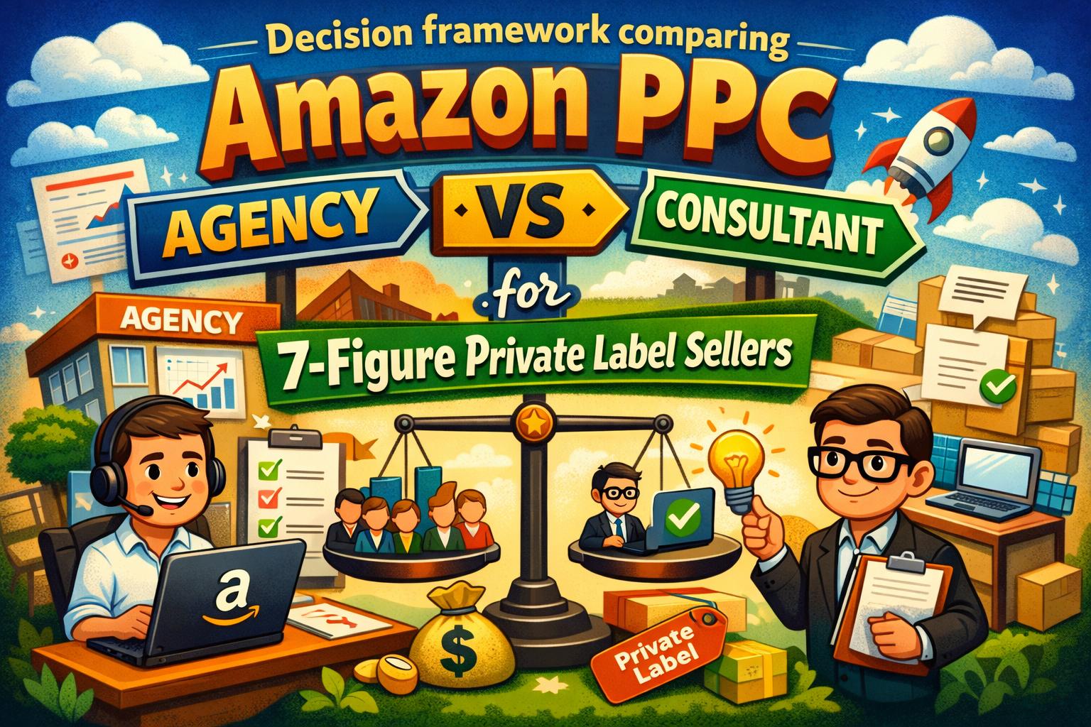 Decision comparing Amazon PPC agency vs consultant for 7-figure private label sellers