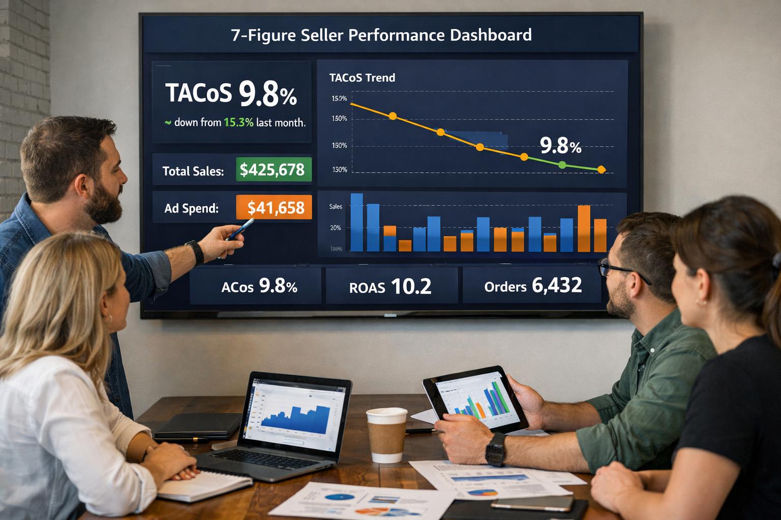 Amazon advertising management agency team analyzing profit dashboard showing TACoS reduction and campaign performance metrics for 7-figure seller