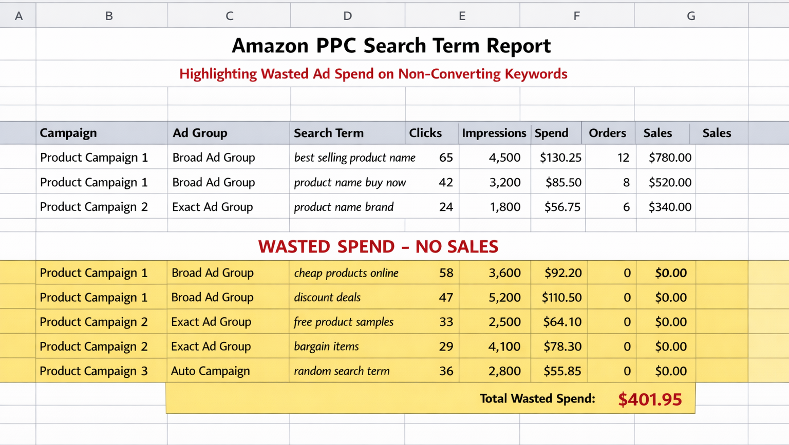 Amazon PPC search term report spreadsheet highlighting wasted ad spend on non-converting keywords