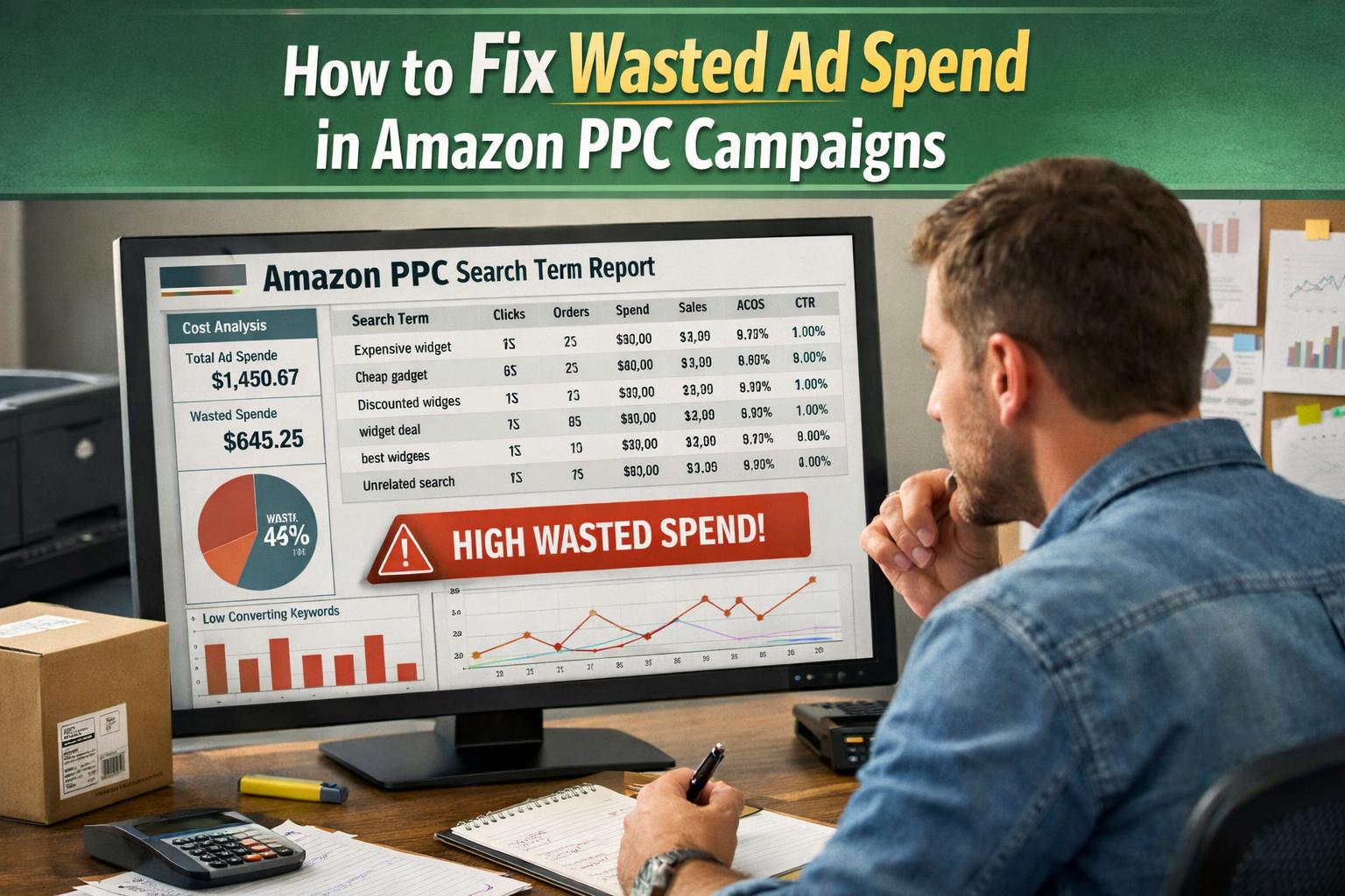 Amazon seller reviewing wasted ad spend amazon ppc campaigns dashboard showing search term report analysis