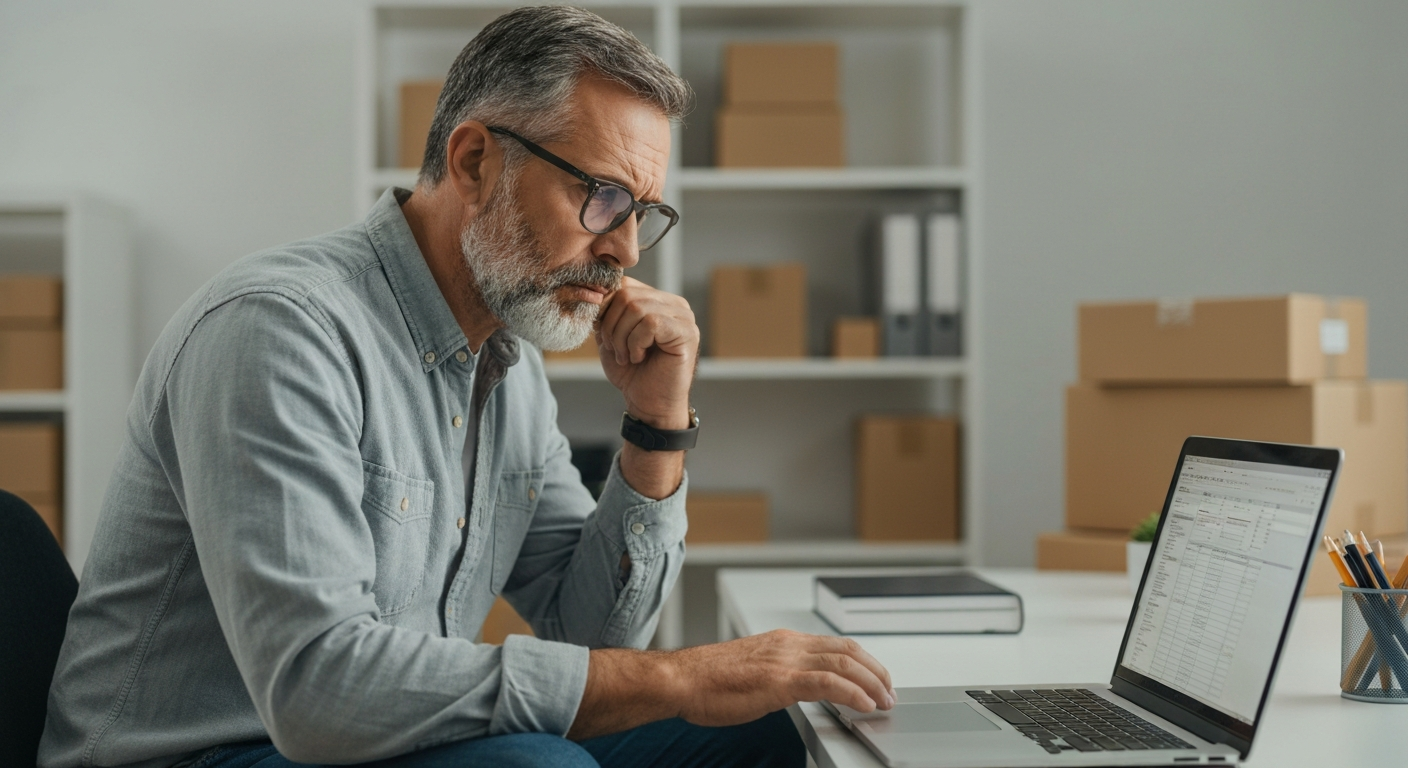 Red Flags for Amazon Sellers When Choosing an Amazon Ads Agency for 7-Figure Sellers Confused Amazon seller looking at laptop while identifying red flags in an Amazon ads agency for 7-figure sellers.