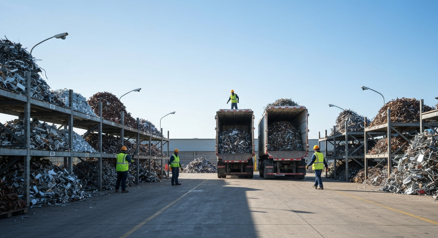 Scheduled Pickups Supporting Scrap Metal Theft Prevention Scrap metal being picked up from a Sacramento business storage area, demonstrating scheduled pickups for effective scrap metal theft prevention.
