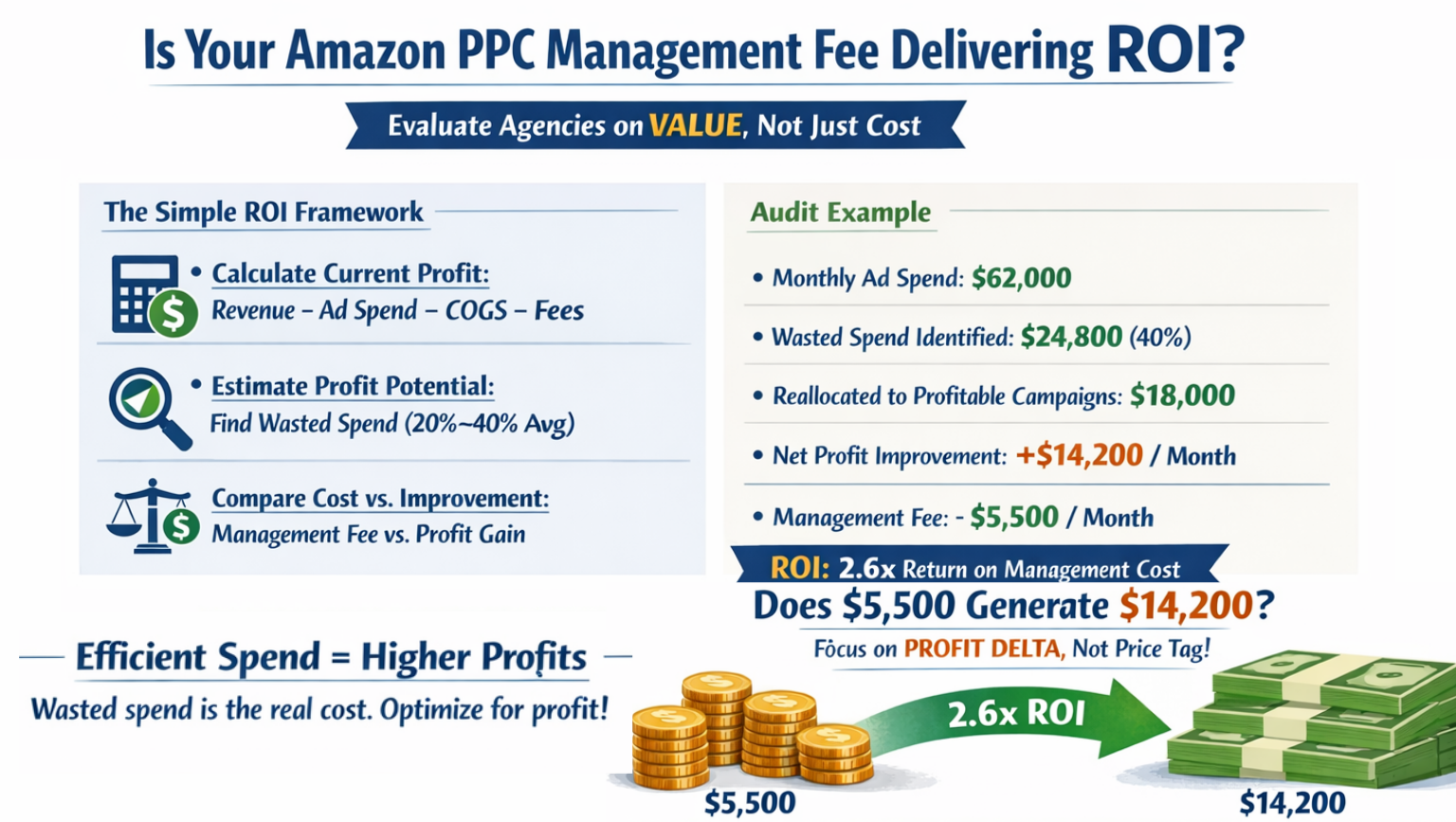 ROI calculation framework showing how to evaluate Amazon PPC campaign management pricing value