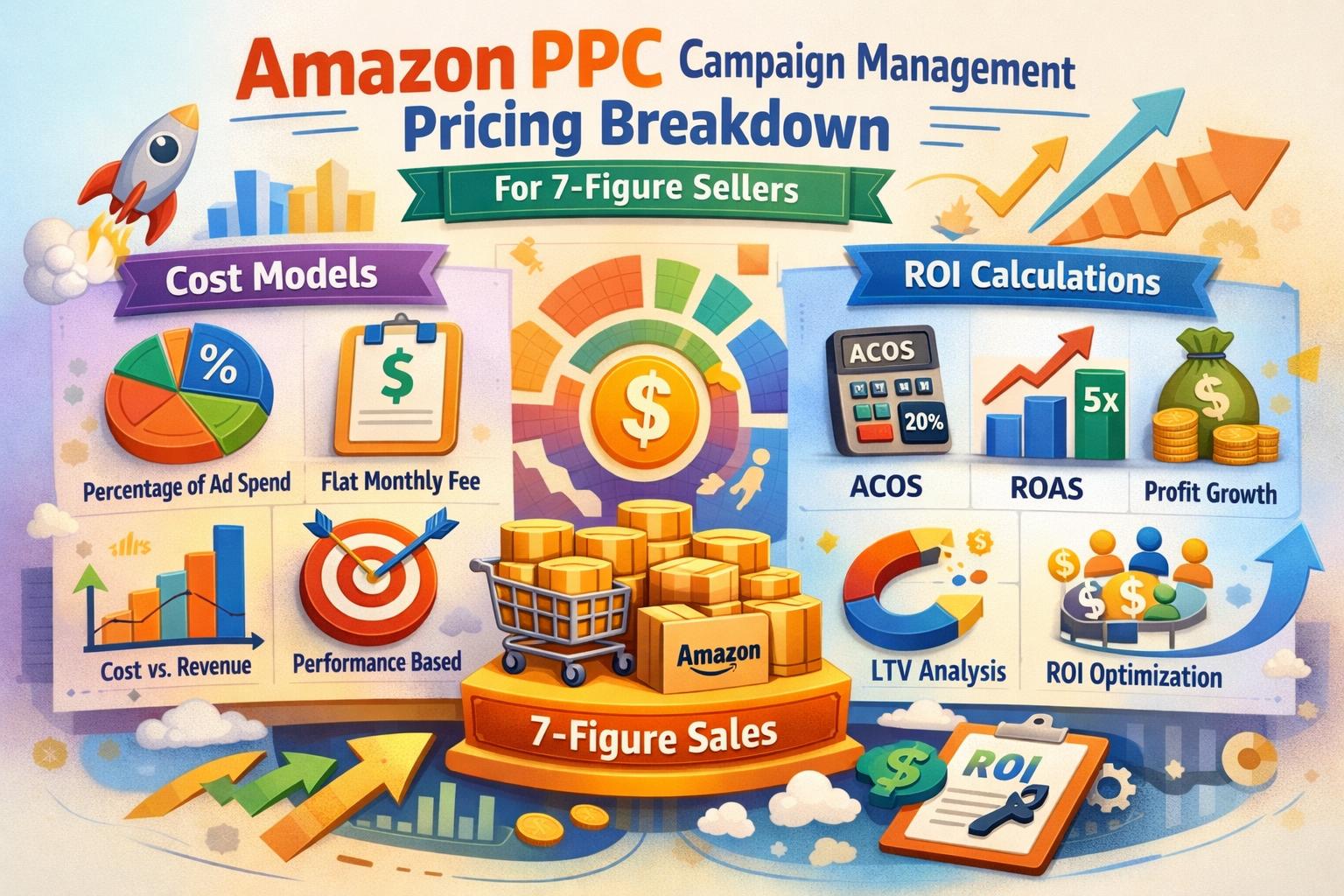 Amazon PPC campaign management pricing breakdown showing cost models and ROI calculations for 7-figure sellers