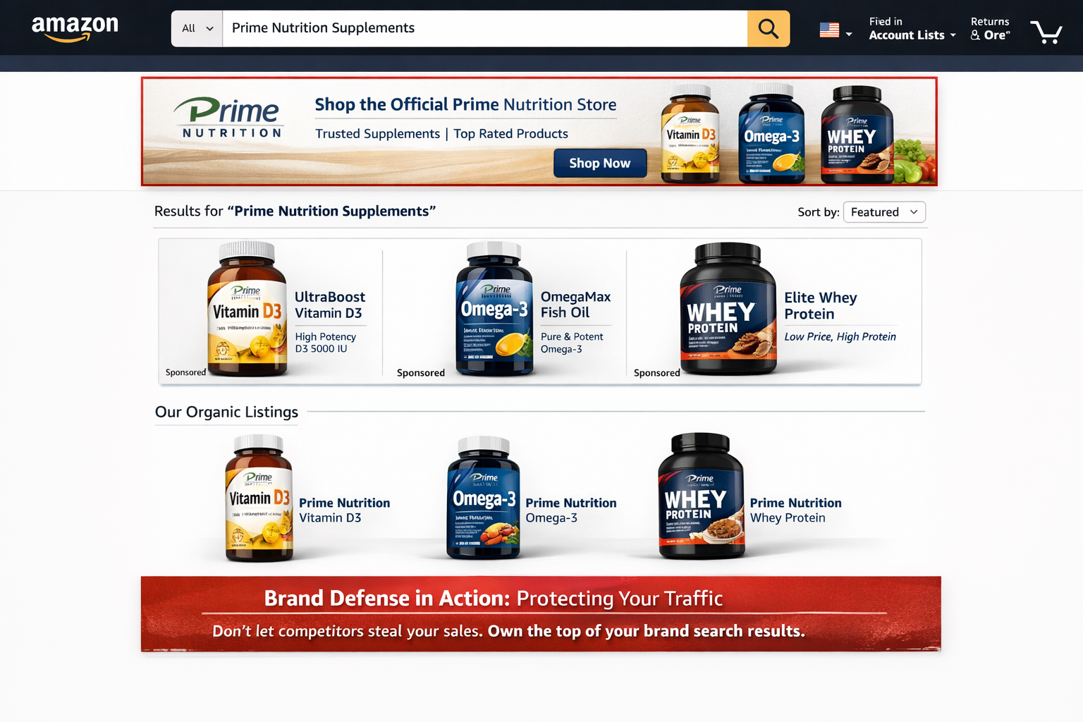 Amazon search results showing Sponsored Brands banner placement above all organic results for brand defense