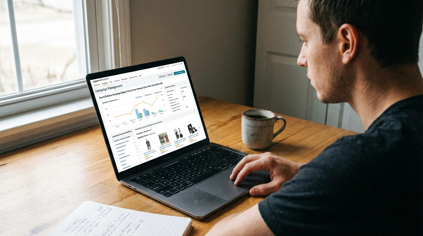 Amazon seller reviewing brand defense campaigns on laptop showing competitor ads targeting branded keywords