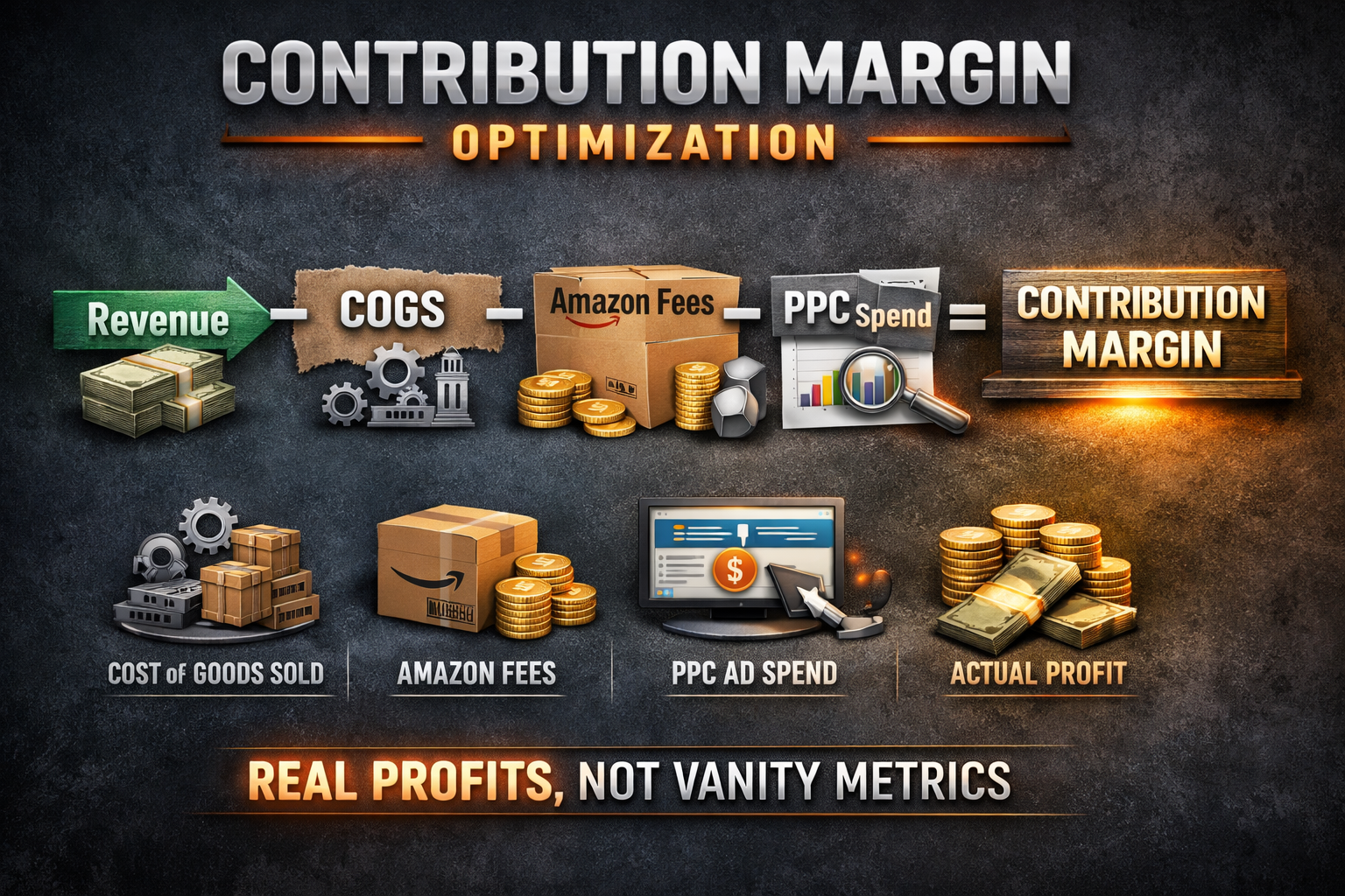 Contribution margin optimization formula showing revenue minus COGS, Amazon fees, and PPC spend