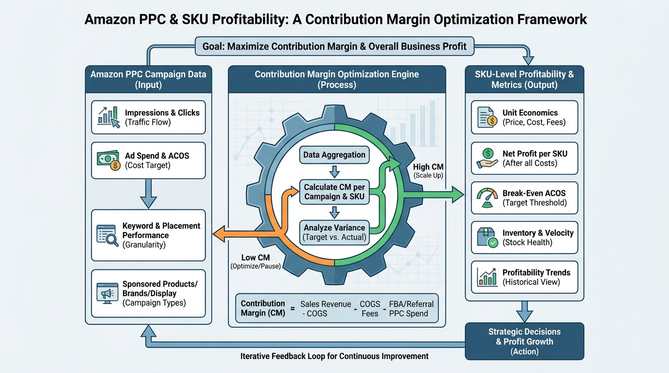 Contribution margin optimization framework showing profit analysis for Amazon PPC campaigns and SKU-level profitability metrics