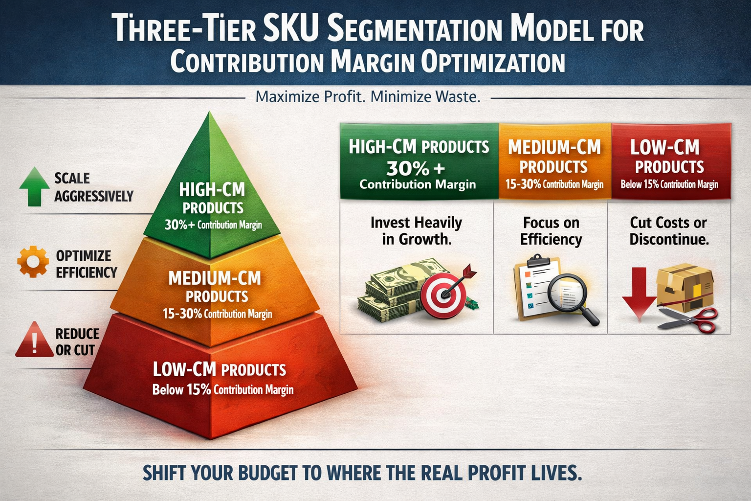 Three-tier SKU segmentation model for contribution margin optimization showing high, medium, and low CM products