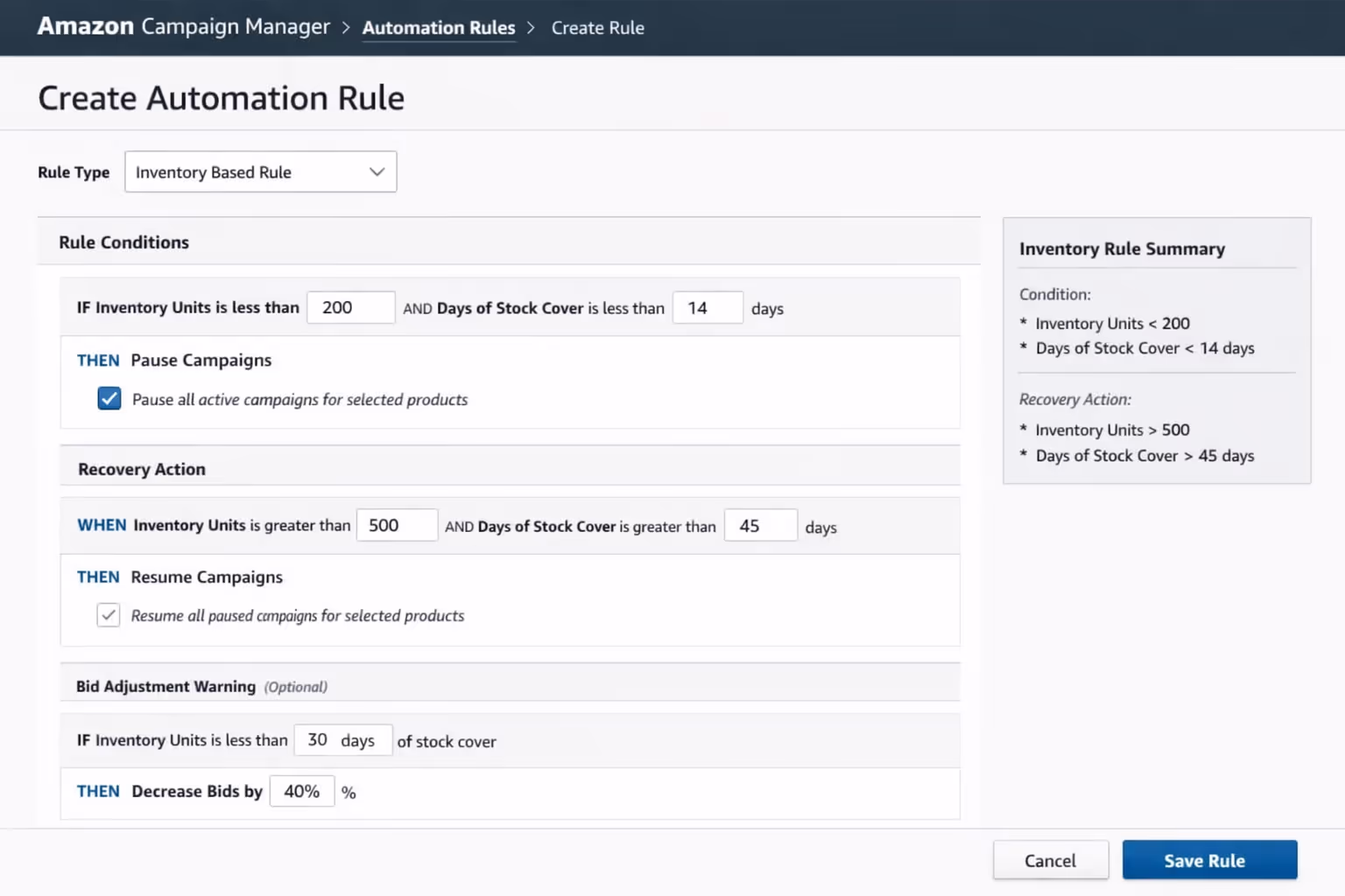 Screenshot of Amazon Campaign Manager showing inventory PPC sync automation rule configuration