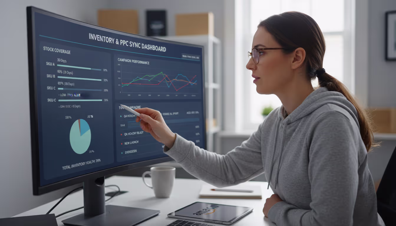 Amazon seller reviewing inventory PPC sync dashboard showing stock coverage levels and campaign performance metrics