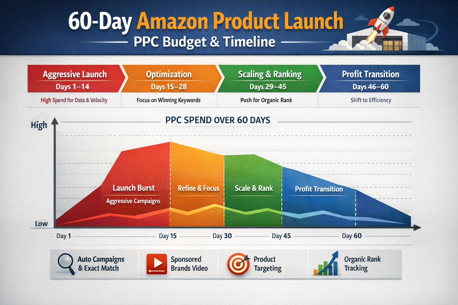 Chart displaying product launch PPC budget allocation and timeline across 60 days with spending phases