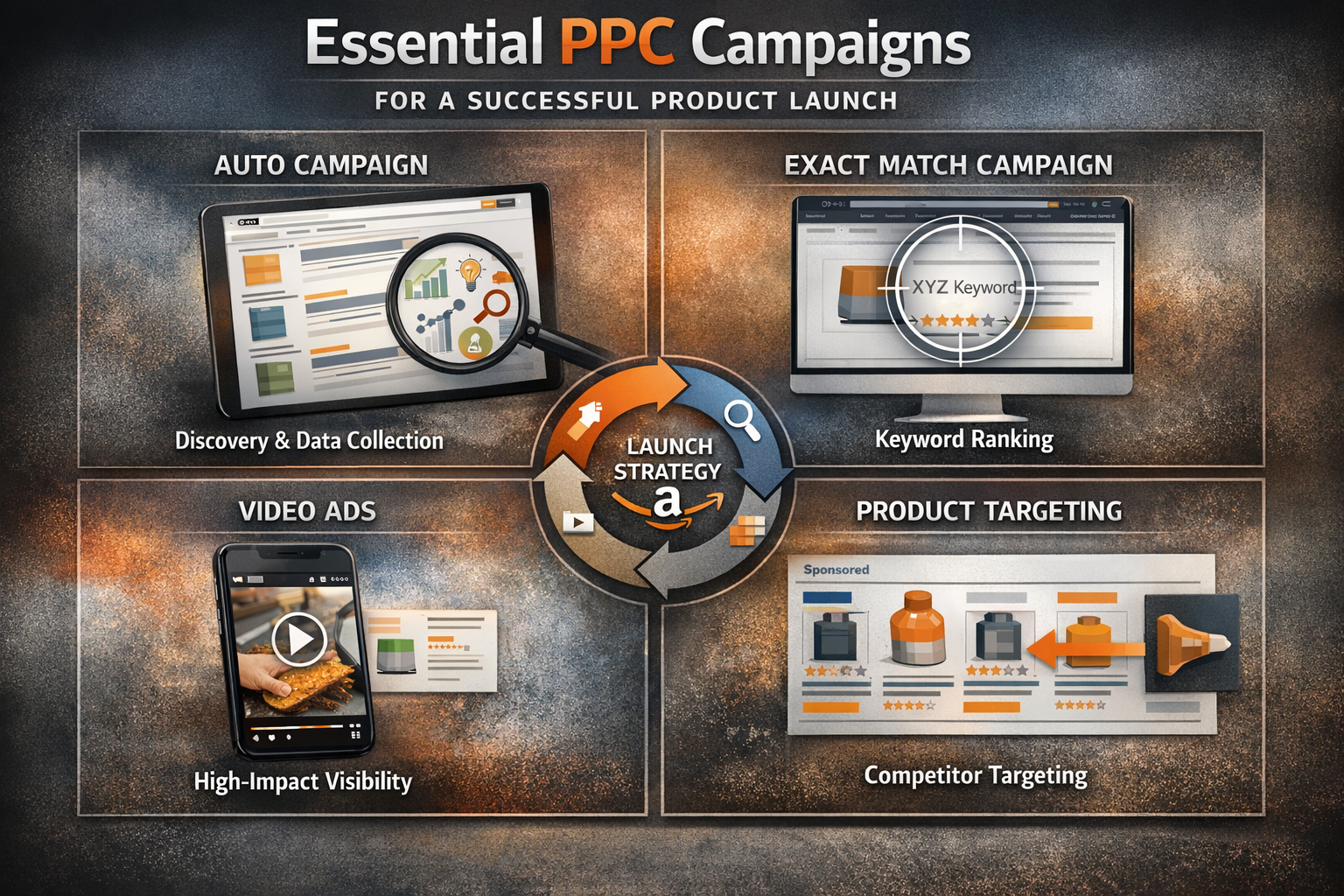 Visual diagram showing the four product launch PPC campaign types including auto, exact match, video, and product targeting