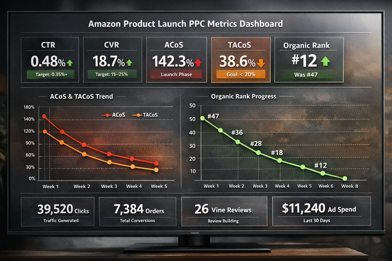 Amazon product launch PPC metrics dashboard showing CTR, CVR, ACoS, TACoS, and organic rank progress