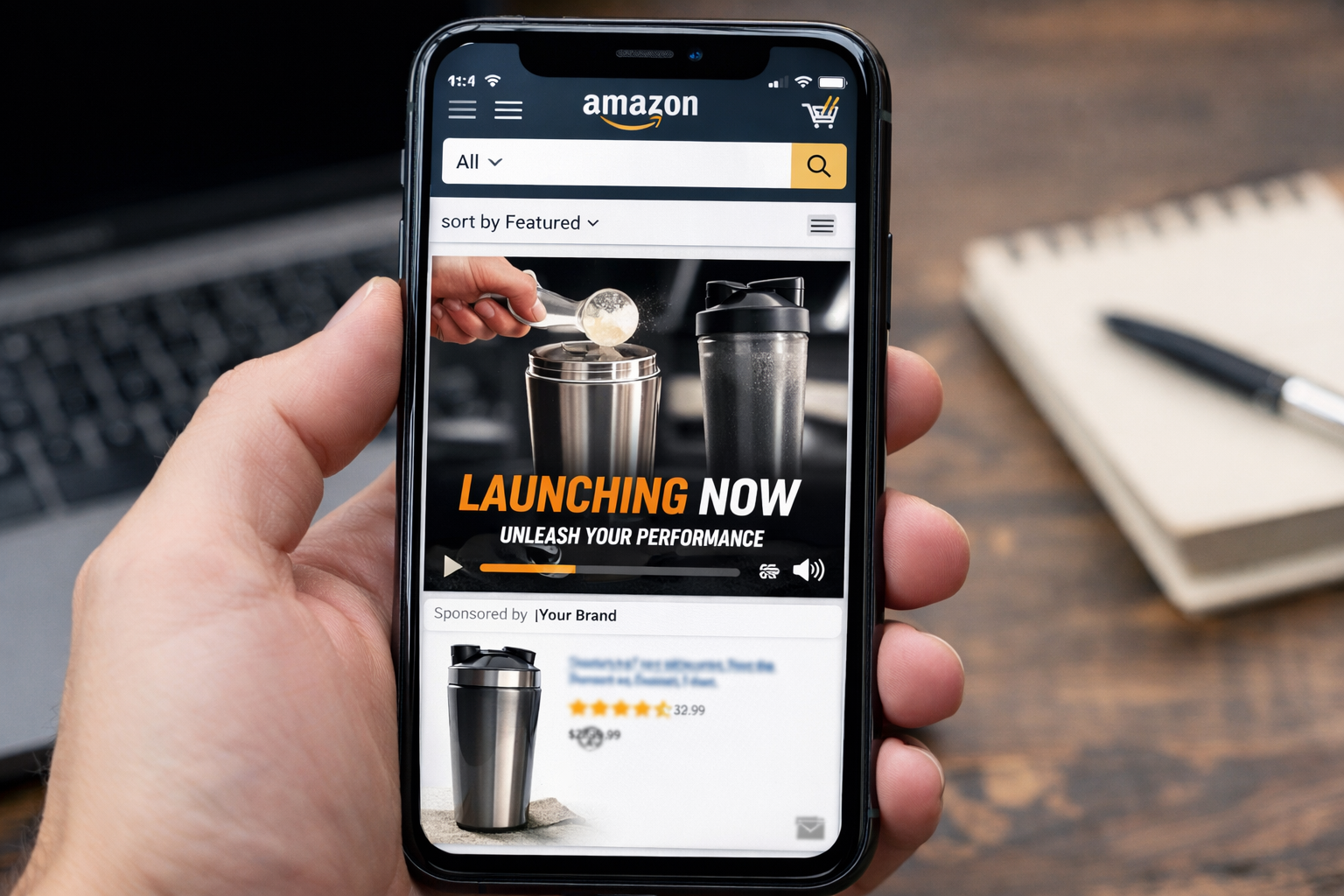 Mobile phone displaying Amazon Sponsored Brands Video ad auto-playing in product launch PPC campaign