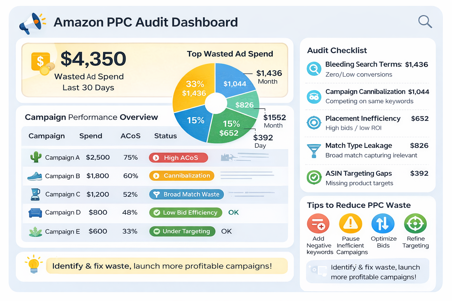 Amazon PPC Consulting Campaign Audit Dashboard Analysis Amazon PPC consulting audit dashboard showing wasted ad spend analysis and campaign performance metrics