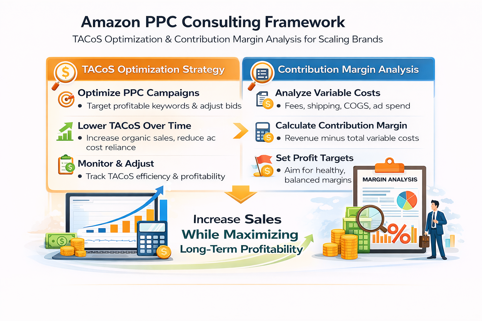 Amazon PPC Consulting TACoS and Profit Optimization Framework Amazon PPC consulting framework showing TACoS optimization and contribution margin analysis for scaling brands