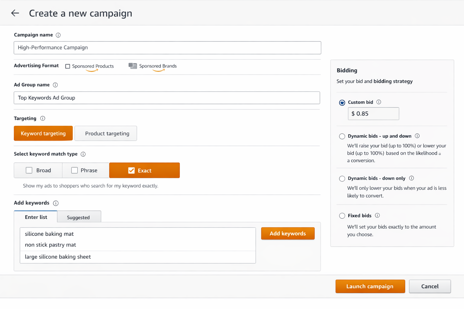 Amazon campaign creator interface with exact match keyword targeting selected for search term isolation performance campaigns