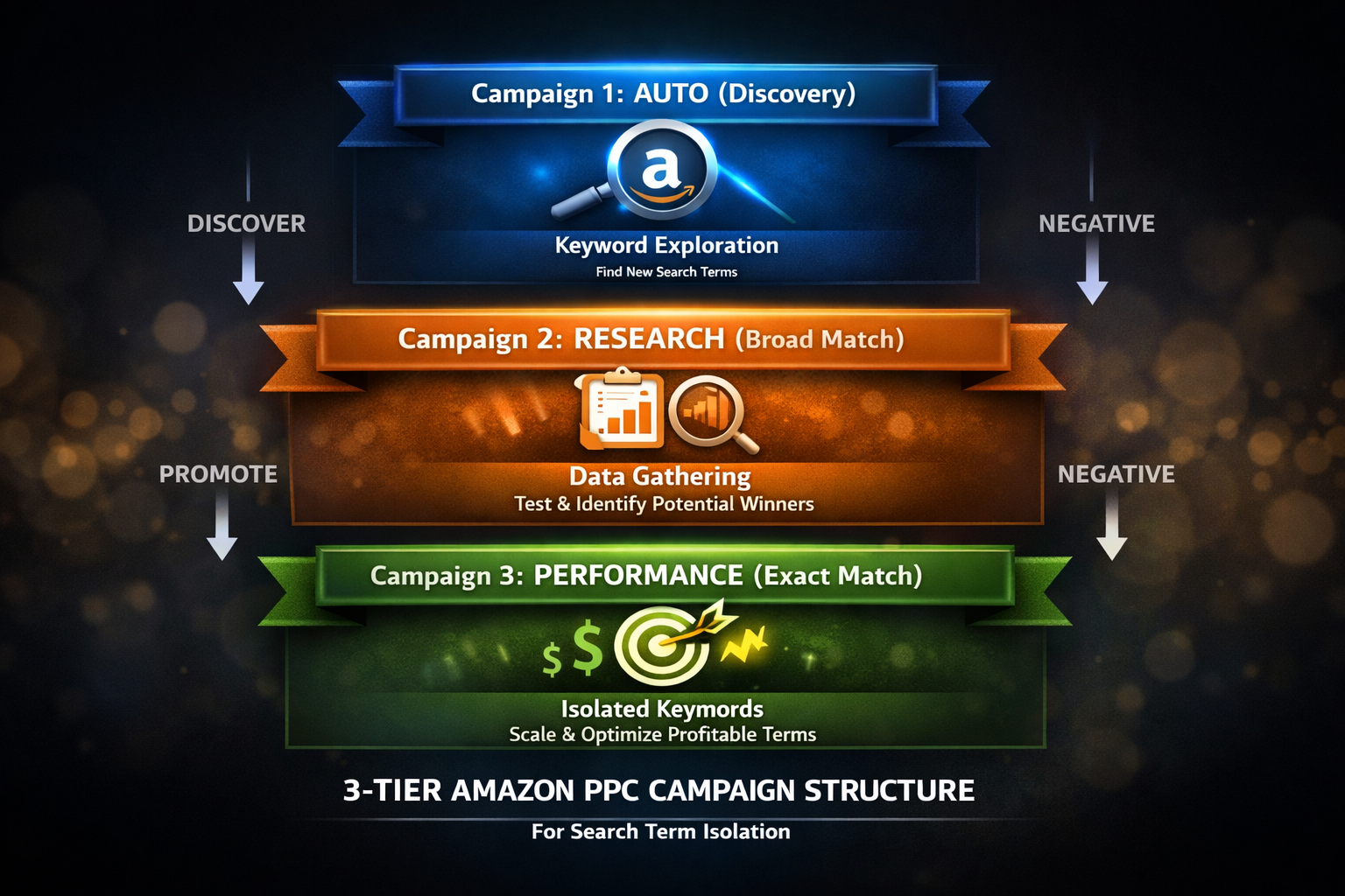 Three-tier Amazon PPC campaign structure showing auto discovery, research broad match, and performance exact match campaigns for search term isolation
