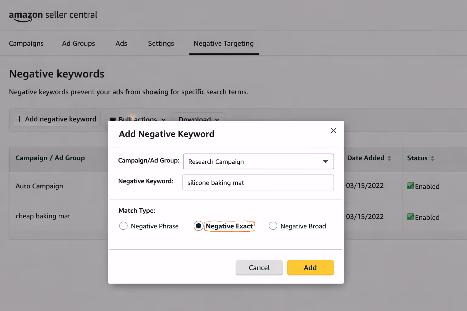 Amazon Seller Central negative keyword interface showing exact match selection for search term isolation strategy