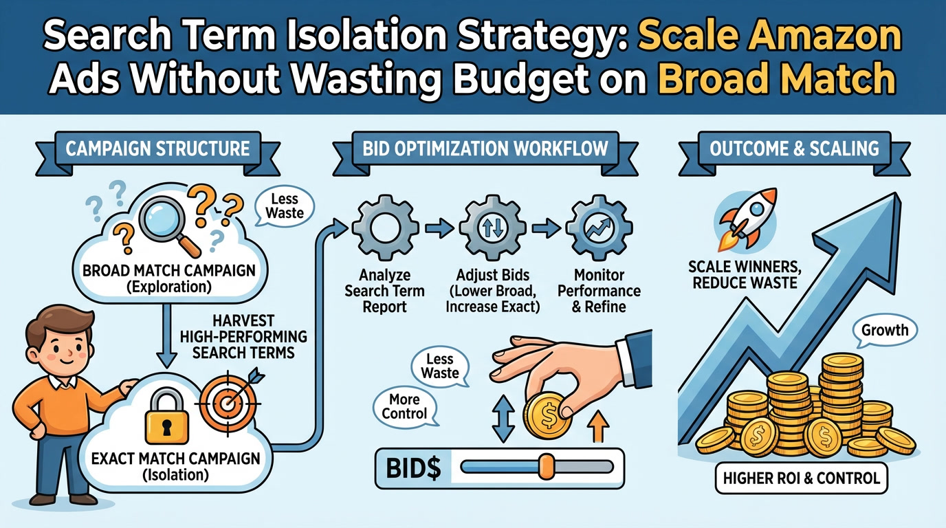 Search term isolation Amazon PPC strategy showing campaign structure and bid optimization workflow