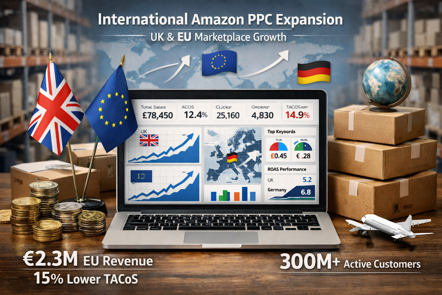 International Amazon PPC expansion showing UK and EU marketplace growth with advertising campaign dashboard