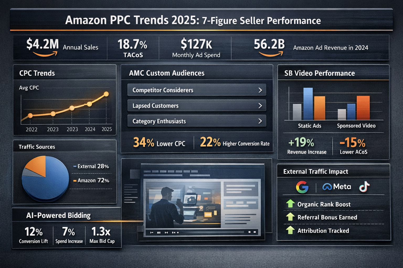 Amazon PPC trends 2025 dashboard showing campaign performance metrics for 7-figure sellers