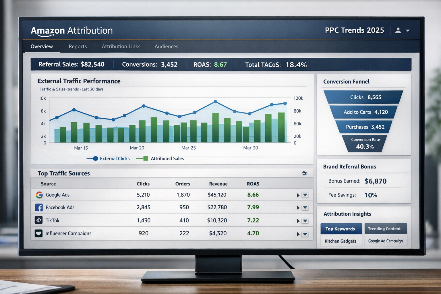 Amazon Attribution dashboard interface showing external traffic tracking for Amazon PPC trends 2025