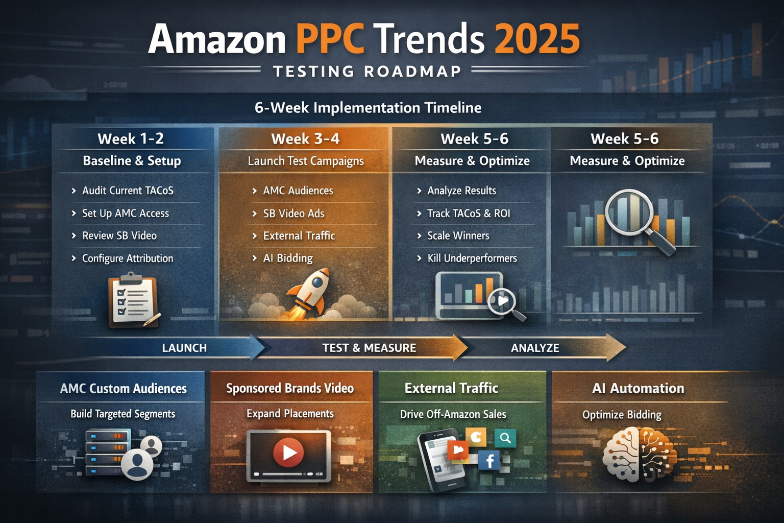 Implementation timeline showing six-week roadmap for testing Amazon PPC trends 2025 strategies