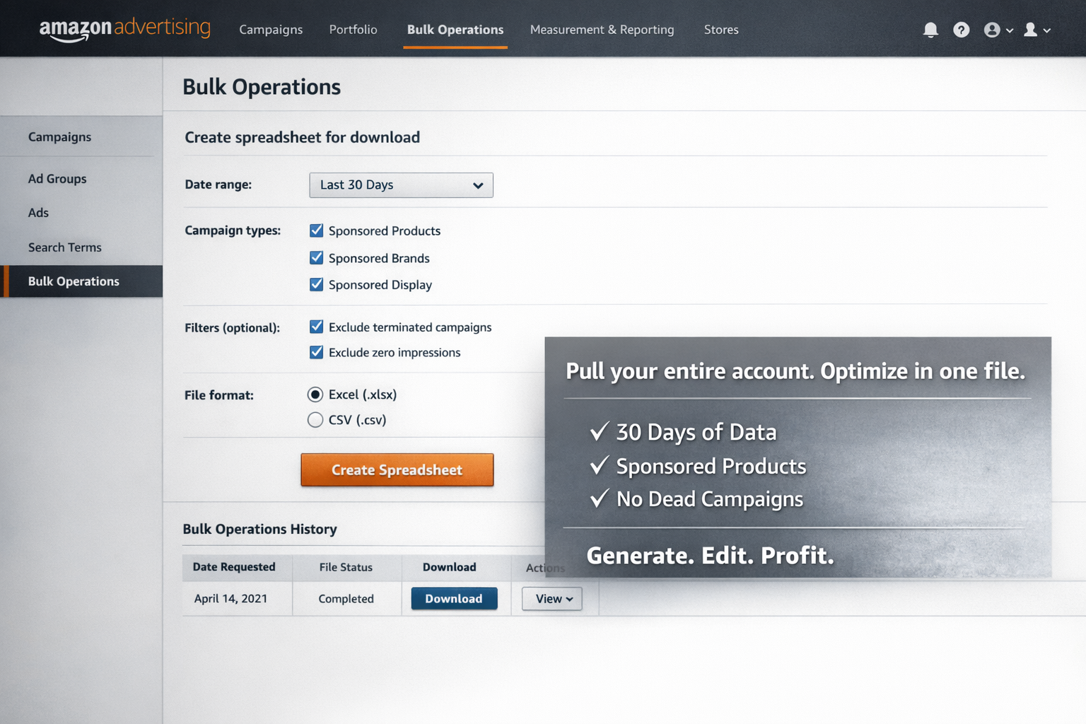 Amazon bulk file operations download interface in Campaign Manager showing bulk operations menu