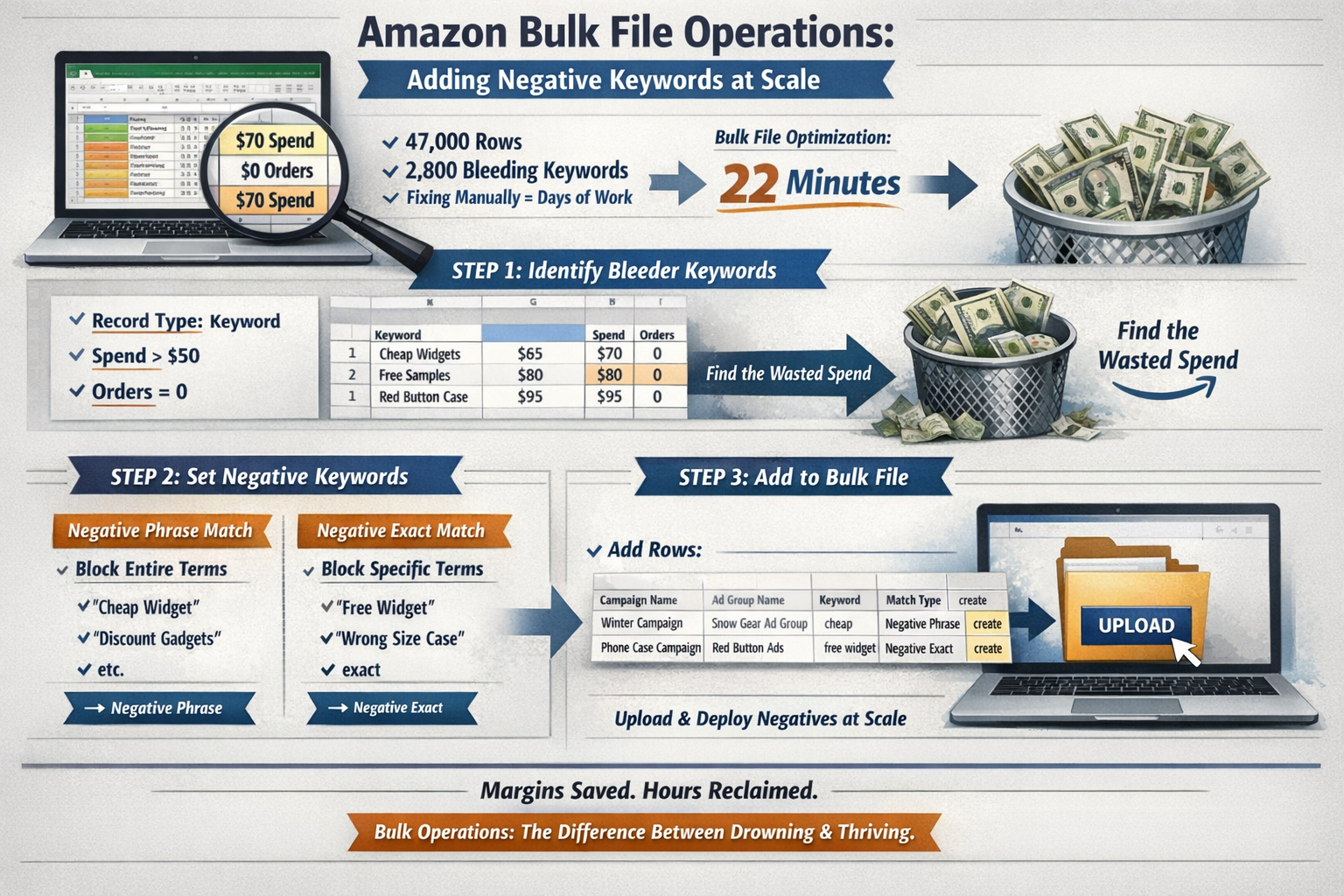 Amazon bulk file operations workflow for adding negative keywords at scale using spreadsheet