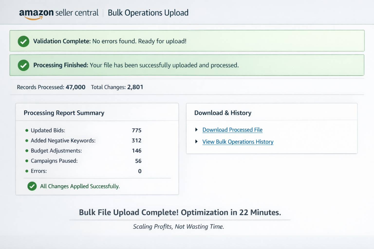 Amazon bulk file operations upload screen showing validation and processing confirmation