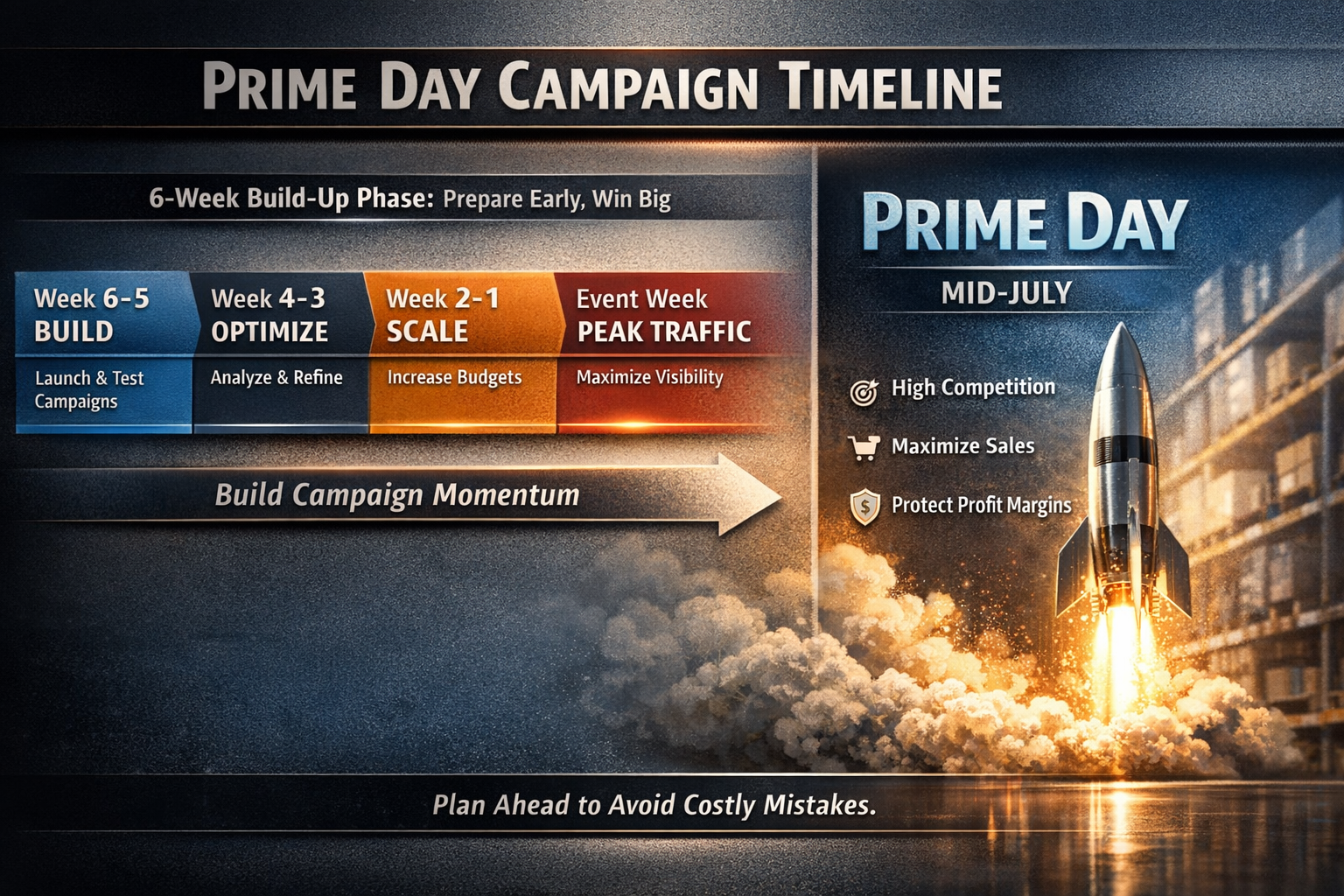 Amazon PPC seasonal calendar Prime Day timeline showing 6-week campaign build phase before event