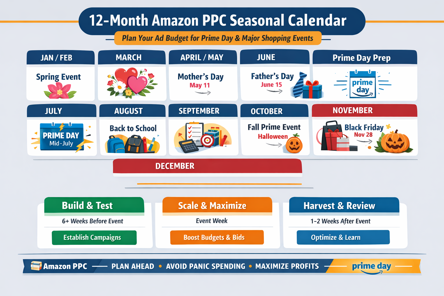 Amazon PPC seasonal calendar showing 12-month ad budget planning for Prime Day and major shopping events